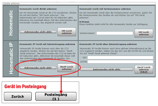 Bild 11-1: Die eingesetzten Homematic IP Geräte sind zuerst über den Anlerndialog Ihrer Smart Home Zentrale CCU3 anzulernen. Nach dem Anlernen befindet sich das jeweilige Gerät im Posteingang.