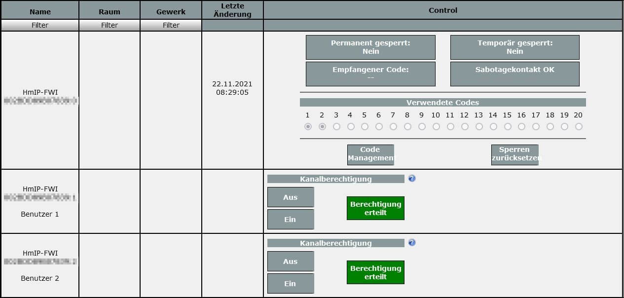 Bild 12: Nachdem Sie das HmIP-FWI an der CCU3 angelernt haben, konfigurieren Sie es wie folgt: Anders als bei den anderen Homematic IP Geräten, bei denen die Parameter über die Geräteeinstellungen eingestellt werden, werden die Codes beim Wiegand-Interface über den Reiter „Status & Bedienung“ in das Interface eingepflegt.  Wählen Sie dann im Kanal 0 den Button „Code Management“.