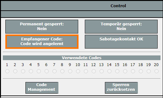 Bild 13-2: Sobald Sie hier mit OK bestätigt haben, haben Sie 60 Sekunden Zeit, am Codeschloss den PIN/RFID/Fingerprint einzugeben. Während dieser Zeit erscheint bei Empfangener Code: „Code wird angelernt“.