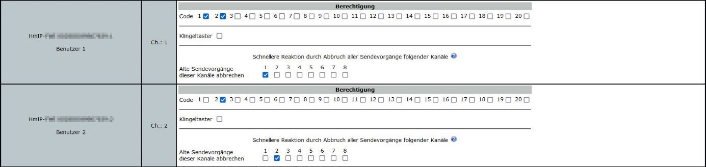 Bild 14: Nach dem Anlernen der Codes ist es notwendig die Geräte-Parameter so anzupassen das dem Benutzer die zugehörigen Codes zugewiesen werden. Diese Parameter finden Sie unter „Geräte > Einstellungen“.