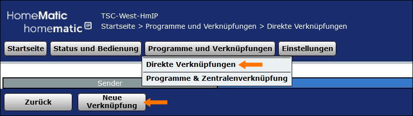 Bild 15: Wenn alle Schritte durchgeführt worden sind, können mittels „Direkt Verknüpfung“ die Homematic IP Geräte verknüpft werden. Zunächst wird eine neue direkte Verknüpfung angelegt, indem unter dem Reiter „Programme und Verknüpfungen“ die „Direkte Verknüpfung“ ausgewählt wird. Anschließend auf die Schaltfläche „Neue Verknüpfung“ klicken.