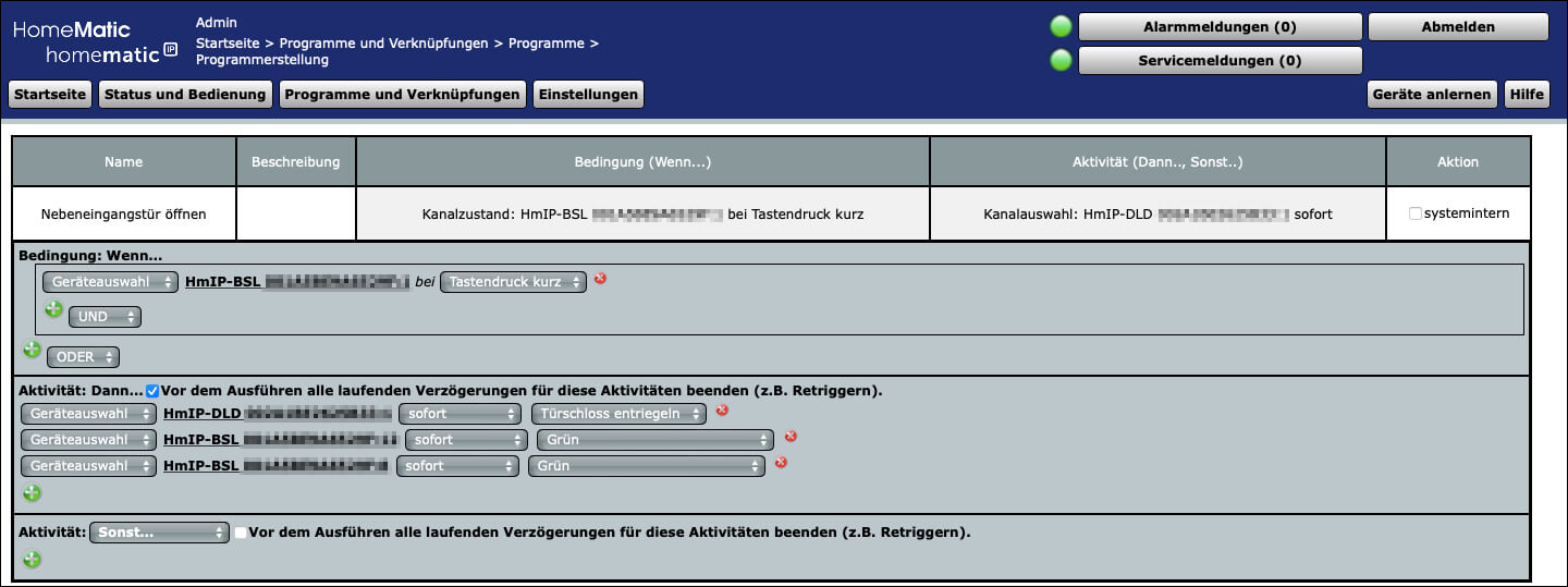 Bild 21: Um die Tür auch mit dem BSL zu Öffnen gehen Sie wie im oben gezeigten Screenshot vor und erstellen ein neues Programm unter „Programme & Zentralenverknüpfungen“. Stellen Sie das Programm ein und speichern Sie über „ok“.