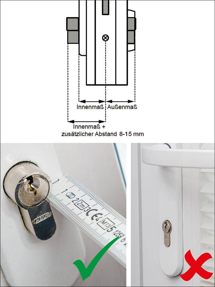 Bild 1: Bereiten Sie die Montage des Funk-Türschlossantriebs vor und bauen Sie einen Schließzylinder ein. Dieser sollte auf der Innenseite 8 bis 15 mm (ideal. 10 mm) überstehen. Beachten Sie dabei alle Hinweise der detaillierten Montageanleitung zum Türschlossantrieb