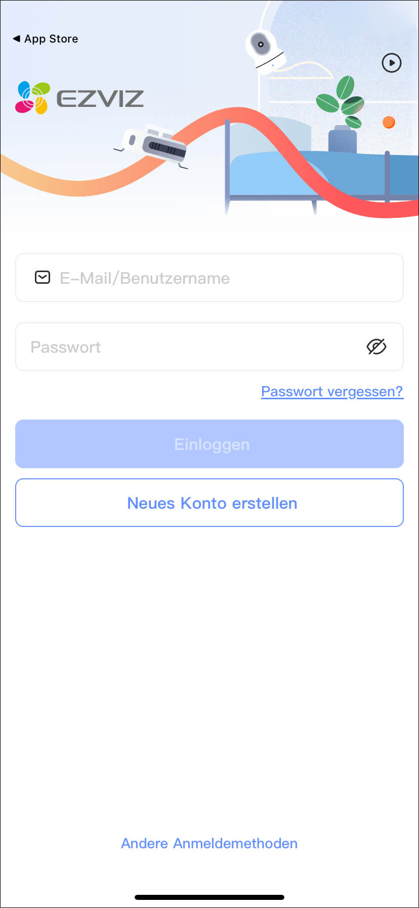 Bild 1: Laden Sie die EZVIZ App aus dem App Store (iOS/Android) herunter und installieren Sie diese. Folgen Sie den Anweisungen nach dem Start der App und erstellen Sie ein Benutzerkonto.