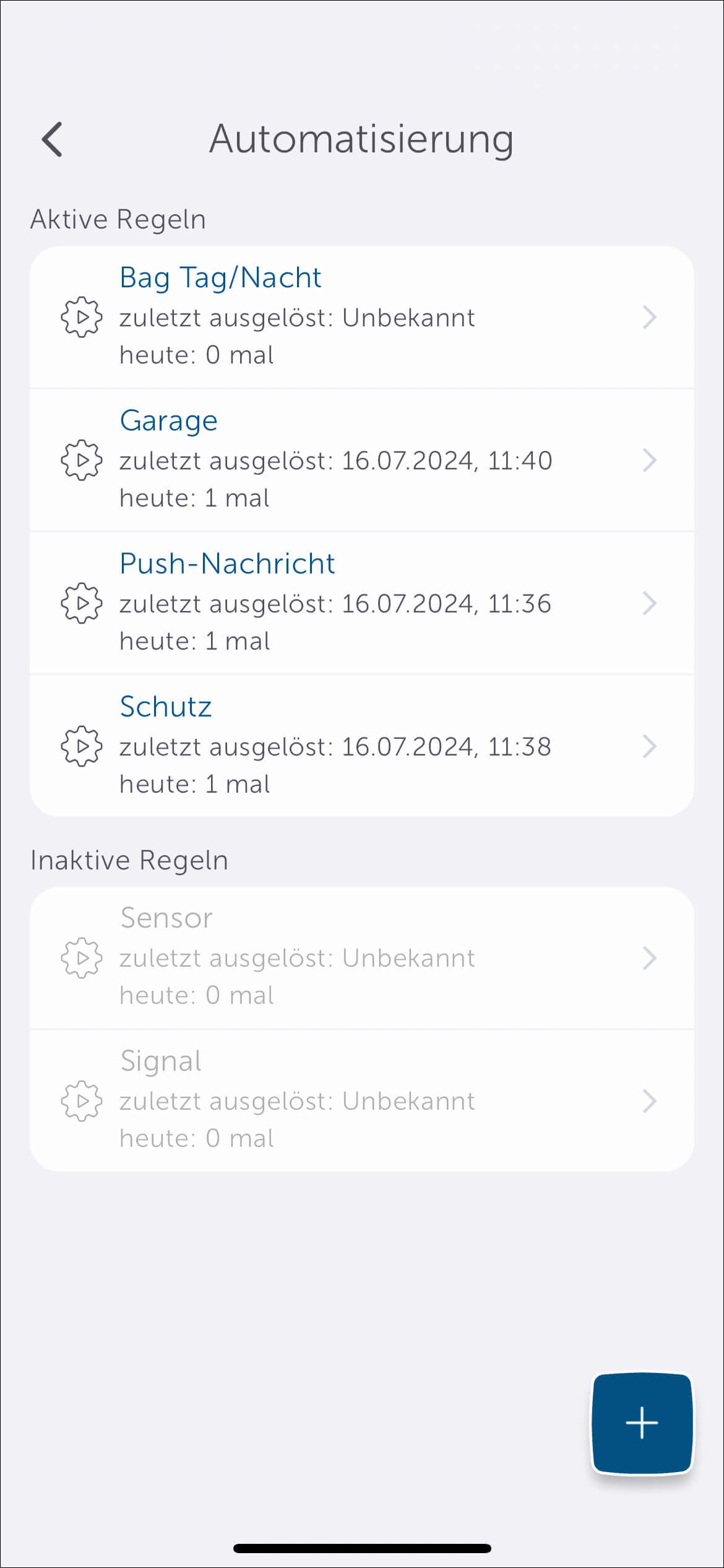 Bild 1: Rufen Sie in der App den Menüpunkt "Automatisierung" auf und tippen Sie auf das Plus-Zeichen unten rechts um eine neue Automatisierungregel anzulegen. Geben Sie der Regel eine eindeutige Bezeichnung.