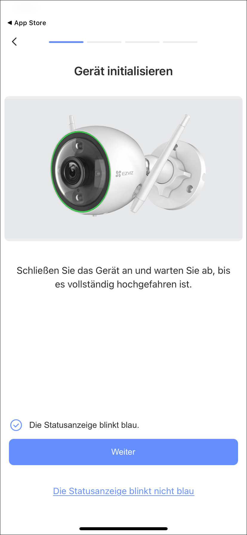 Bild 5: Im nächsten Schritt bestätigen Sie, dass das Gerät betriebsbereit ist. Dieses wird durch das blaue Blinken angezeigt. Sobald das Gerät hochgefahren ist, bestätigen Sie die blinkende Statusanzeige und wählen "Weiter".