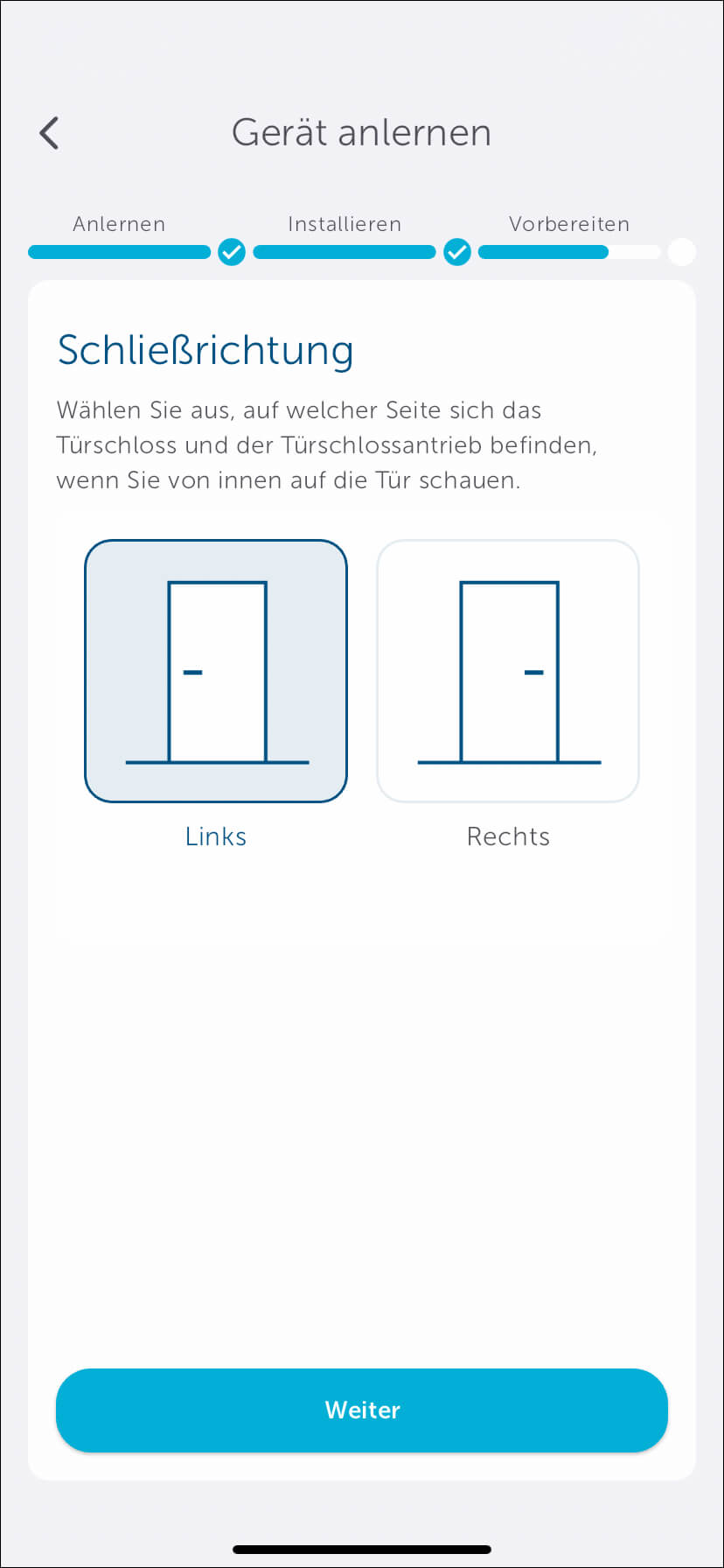 Bild 13: Wählen Sie aus, auf welcher Seite sich das Türschloss und der Türschlossantrieb befindet.