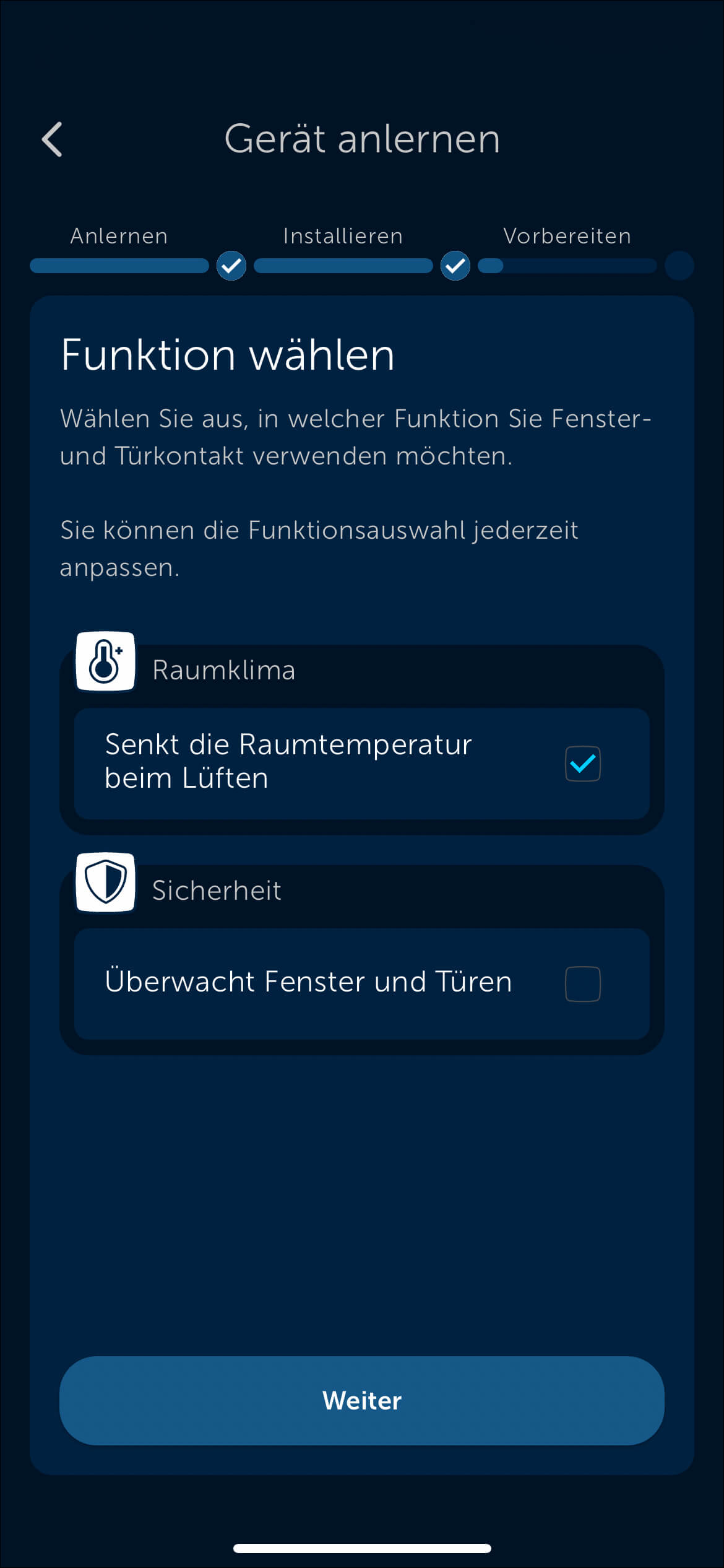 Bild 15: Wählen Sie nun die passende Anwendung aus. In diesem Projekt ist es „Raumklima“. Der Fensterkontakt ist nun angelernt.