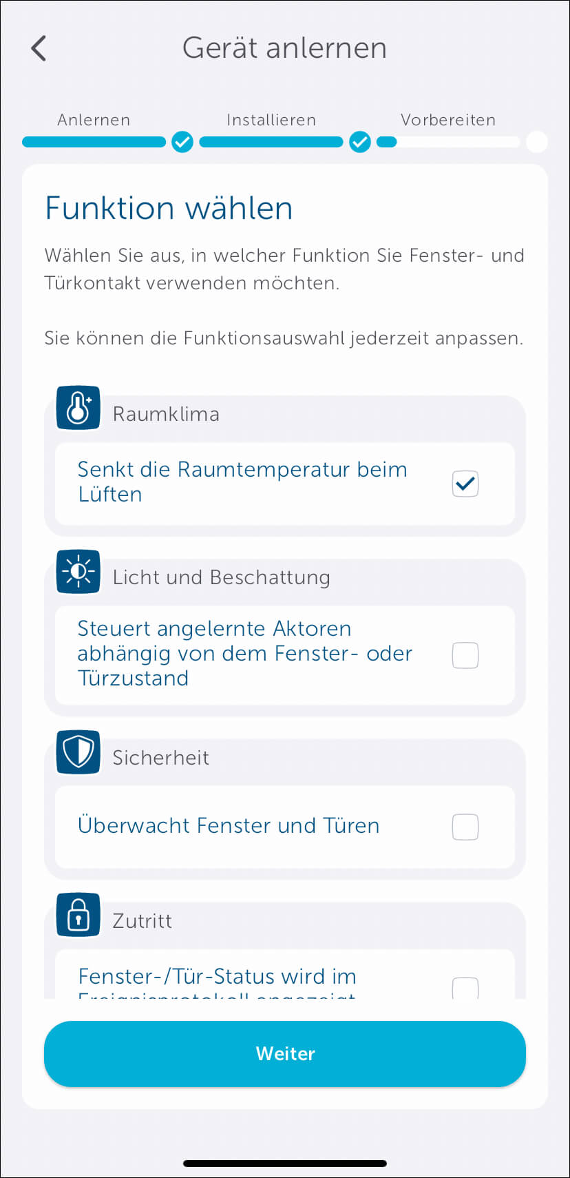 Bild 15: Wählen Sie nun die passende Anwendung aus. In diesem Projekt ist es „Raumklima“. Der Fensterkontakt ist nun angelernt.