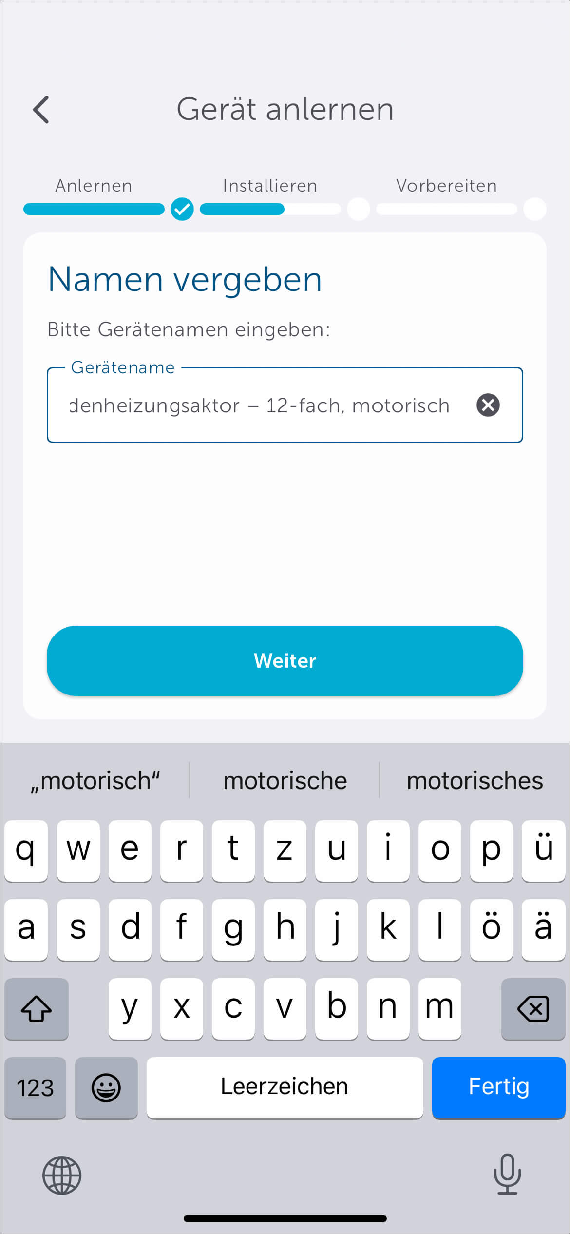 Bild 19: Vergeben Sie dann einen Gerätenamen für den Fußbodenheizungscontroller bzw. übernehmen Sie den vorgeschlagenen Namen.