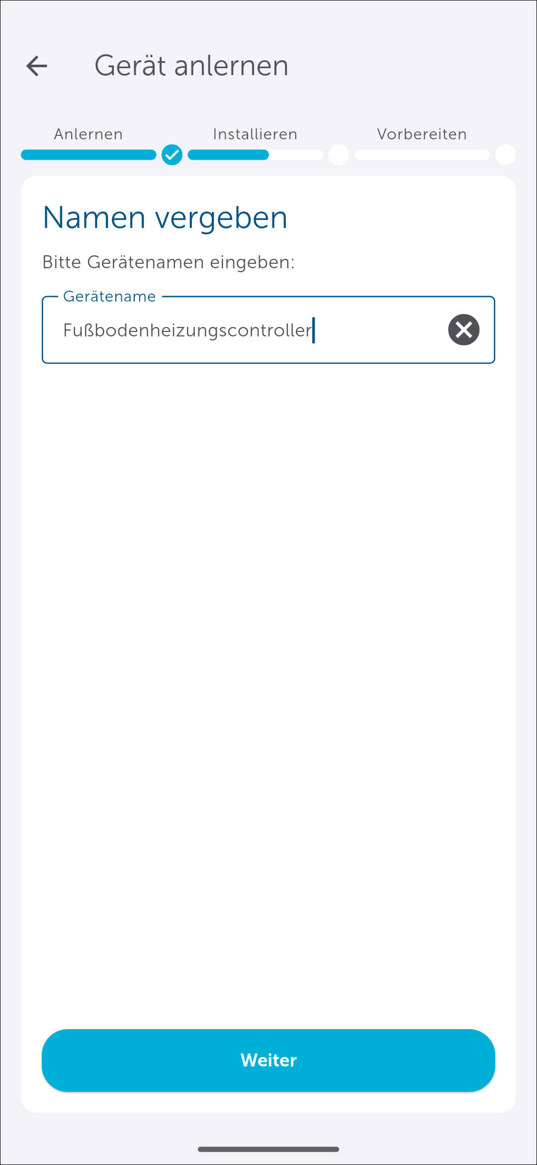Bild 19: Vergeben Sie dann einen Gerätenamen für den Fußbodenheizungscontroller bzw. übernehmen Sie den vorgeschlagenen Namen.