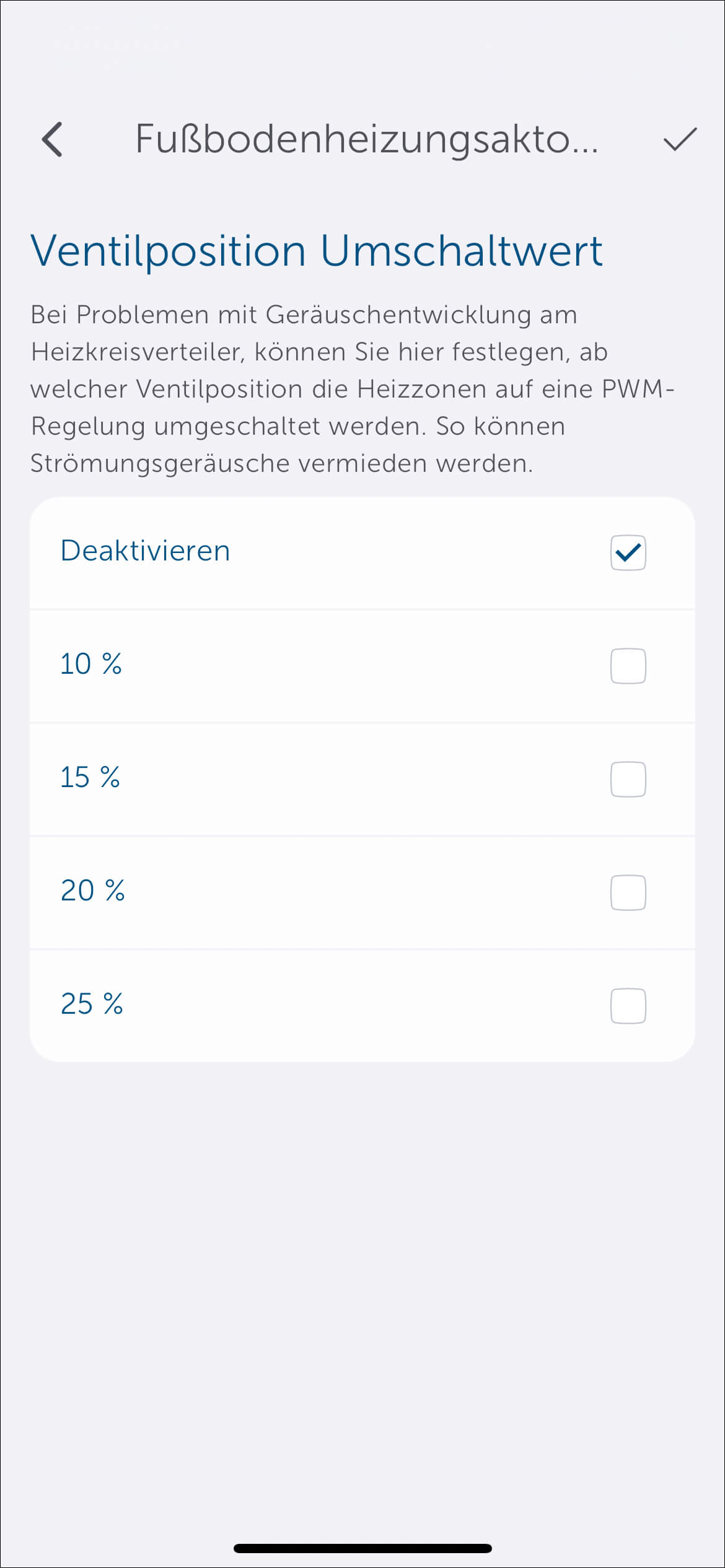 Bild 28: Unter "Ventilposition Umschaltwert" können Sie, bei Geräuschentwicklung am Heizkreisverteiler, eine Ventilposition festlegen, bei der auf eine PWM-Regelung umgeschaltet wird.