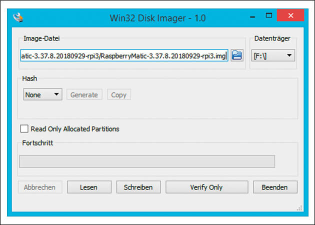 Bild 3 – Softwareinstallation: Die RaspberryMatic Software wird in Form eines vollständigen Images in einem GitHub-Projekt bereitgestellt. Dieses Image wird mit einem geeigneten Tool wie z. B. dem Win32 Disk Imager oder dem dd-Befehl unter Linux auf die microSD-Karte kopiert. Für die Installation existiert eine separate Installationsanleitung.