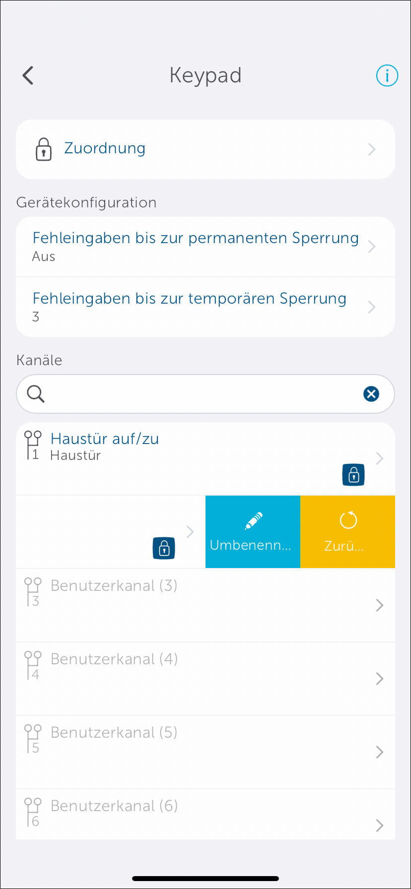 Bild 49: Wenn Sie die Zutrittsberechtigungen wieder entziehen möchten, wischen Sie nach links über den gewünschten Kanal. Mit "Zurücksetzen" kann dieser nun entfernt werden.