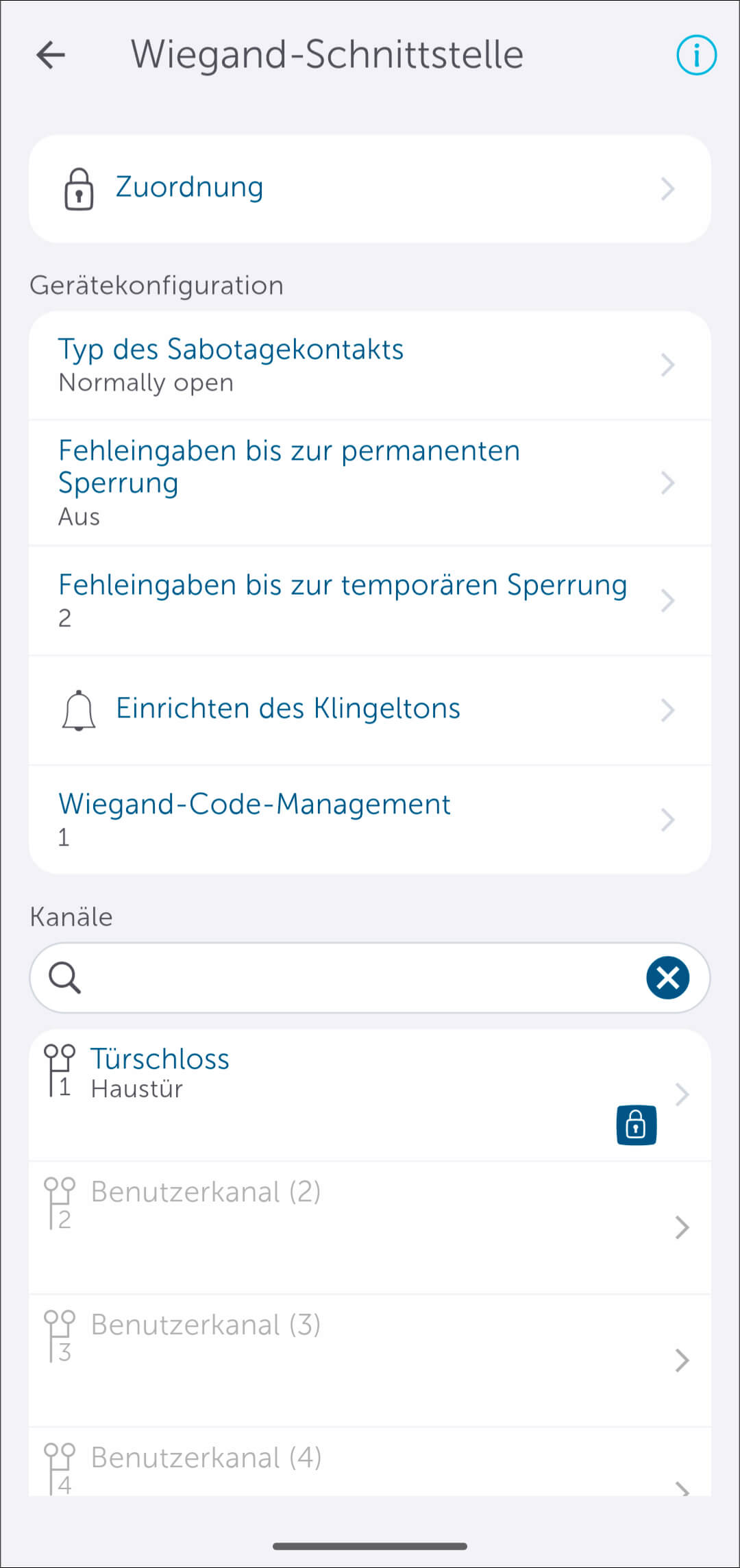 Bild 31: Das Wiegand-Code-Management dient dazu, weitere Codes (Finger, RFID oder PIN) im System anzulernen oder wieder zu entfernen. Dieses finden Sie in der Homematic IP App in den Geräteeinstellungen der Wiegand Schnittstelle (Mehr → Geräteübersicht).