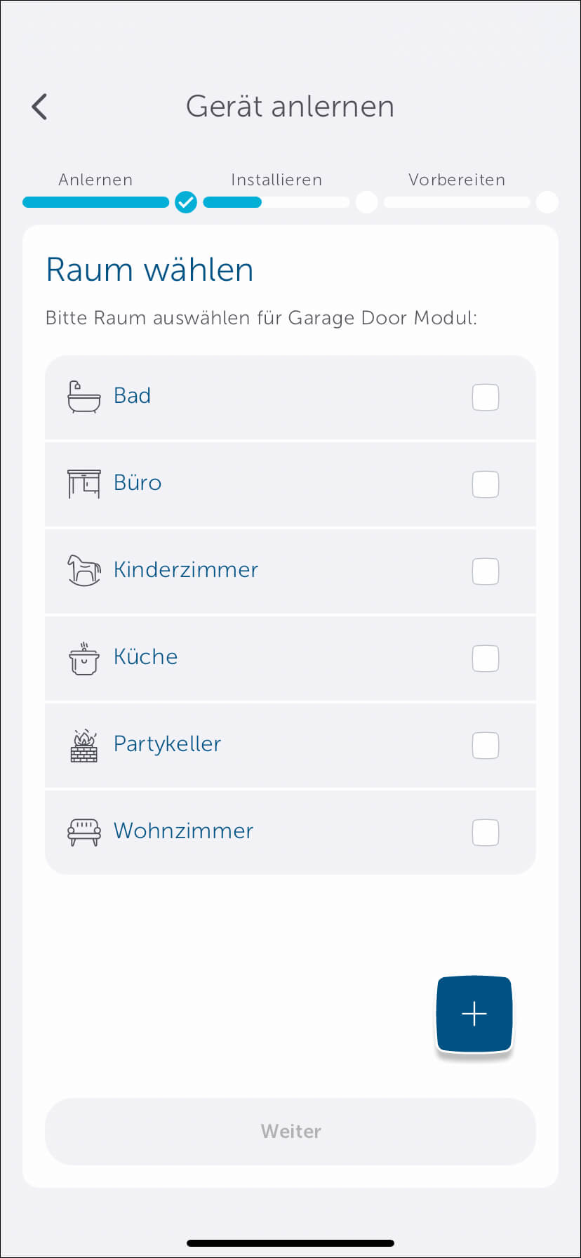 Bild 39: Fügen Sie das angelernte Modul einem Raum zu. Legen Sie dafür ggf. einen neuen Raum (z. B. Garage) über das "+" an.