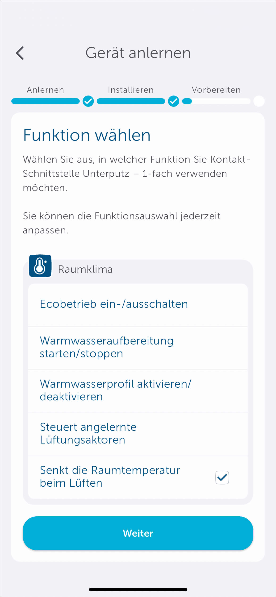 Bild 2: Nachdem die Kontakt-Schnittstelle HmIP-FCI1 angeschlossen und die Batterie eingelegt wurde, lernen Sie diese im Homematic IP System an und führen Sie die Zuordnung durch. Wählen Sie hierbei nach Raum und Namen, die Lösung „Raumklima“ aus. Eine gleichzeitige Integration in die Lösung „Licht und Beschattung“ ist nicht möglich, da das Gerät innerhalb des Systems im Modus Fensterkontakt genutzt werden soll. Eine Zuweisung zur Sicherheitslösung ist theoretisch möglich, jedoch aufgrund der gewünschten Anwendung nicht sinnvoll.