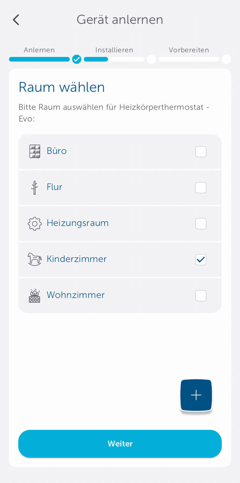 Bild 5: Wählen Sie anschließend den Raum aus, für welchen Sie das Gerät verwenden möchten. Sie können auch einen neuen Raum konfigurieren, indem Sie auf das „Plus“-Zeichen tippen.