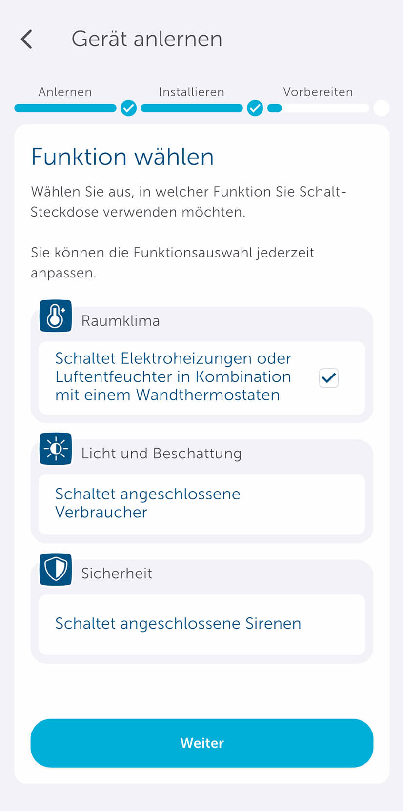 Bild 9: Im nächsten Schritt ist die Funktion des Schaltaktors festzulegen. Hier ist es wichtig, die Funktion „Raumklima“ zu wählen. Dadurch ist, der Schaltaktor nun automatisch mit dem Wandthermostat verknüpft.