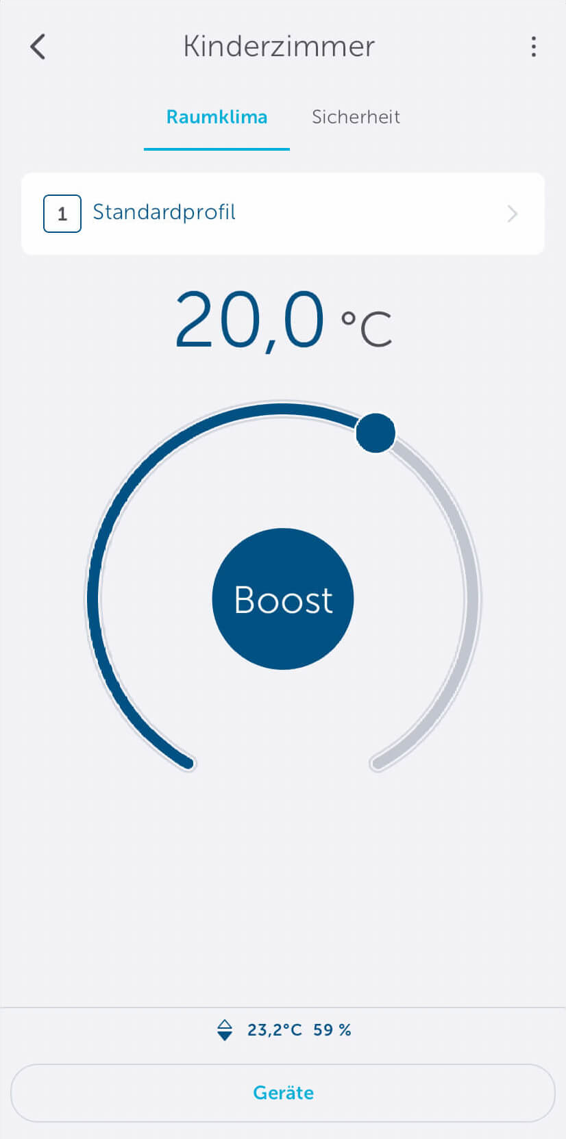 Bild 12: Mit Klick auf den Raum, haben sie die Möglichkeit, die Temperatur zu verändern, das Heizprofil zu wechseln, die Boost-Funktion auszulösen (die Heizung wird für einen definierten Zeitraum aktiviert) oder den Raum zu konfigurieren.
