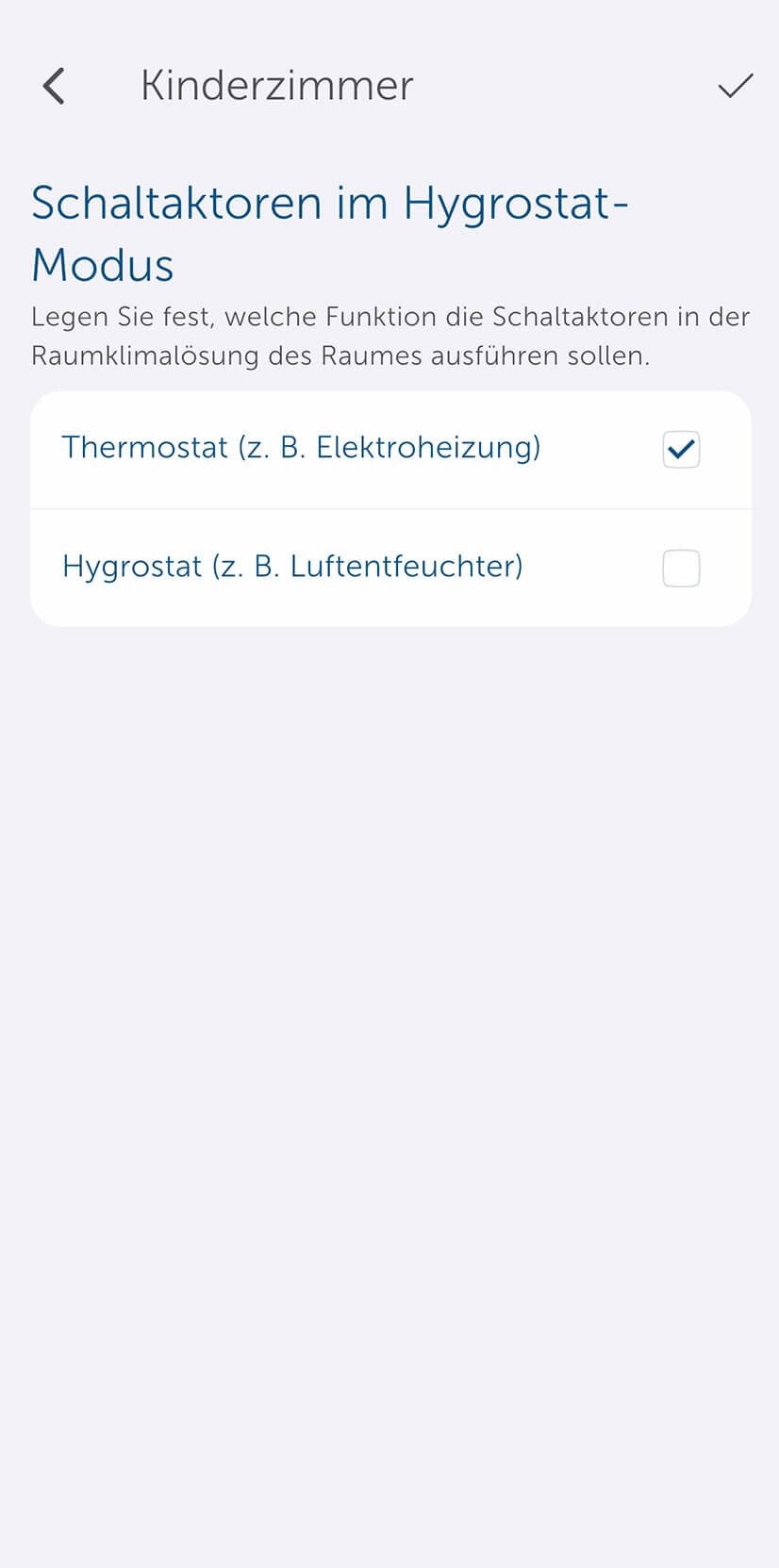 Bild 18: Sie können anschließend festlegen, wie sich der Schaltaktor verhalten soll. Wenn Sie möchten, dass ein Luftentfeuchter in Abhängigkeit von der Luftfeuchtigkeit gesteuert wird, wählen Sie die Option „Hygrostat“ aus.