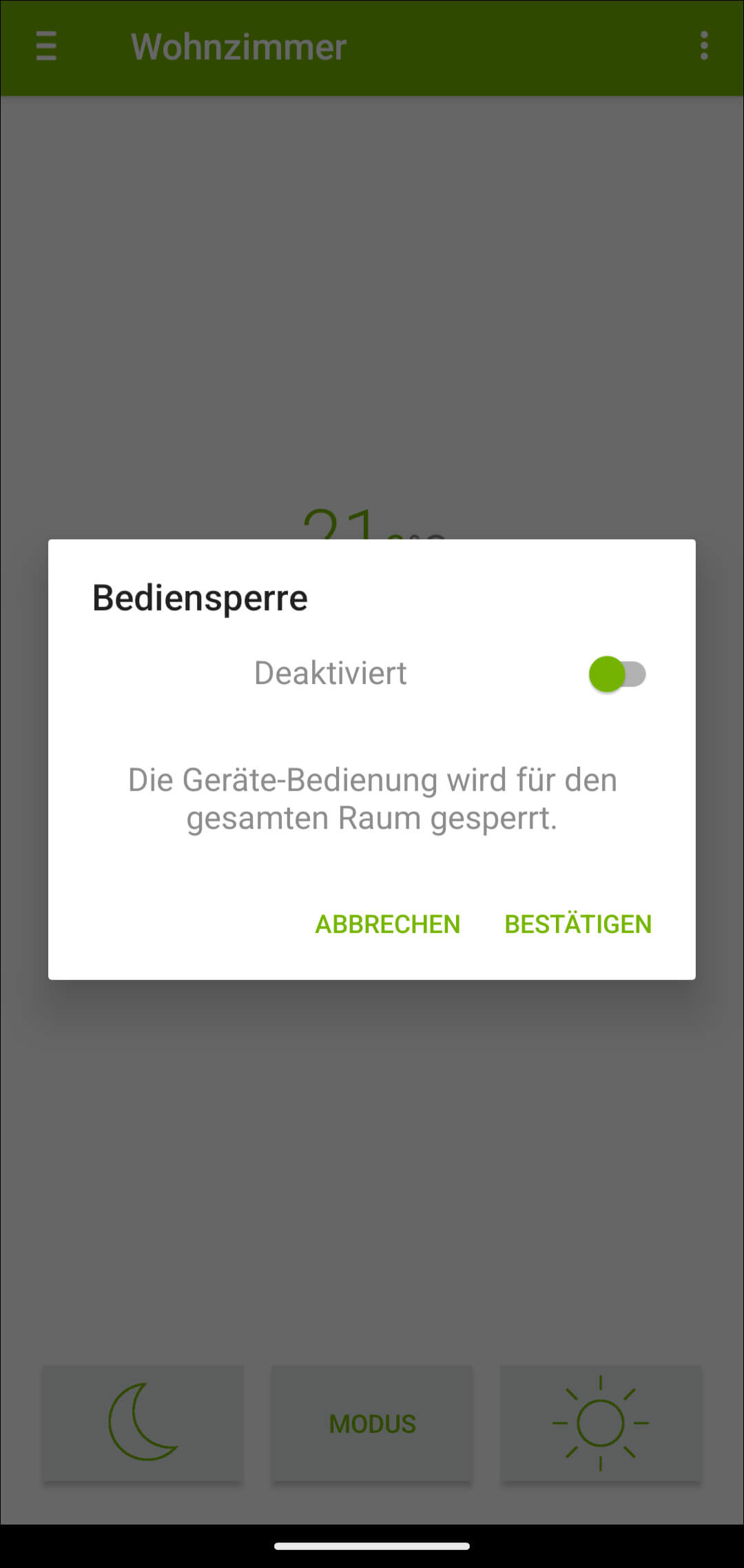 Bild 12: Im Menüpunkt „Bediensperre“ können Sie die Bediensperre aktivieren, die verhindert, dass die SOLL-Raumtemperatur am Heizkörperthermostat eingestellt werden kann (ideal, um unbeabsichtigtes oder ungewolltes Verstellen zu vermeiden).